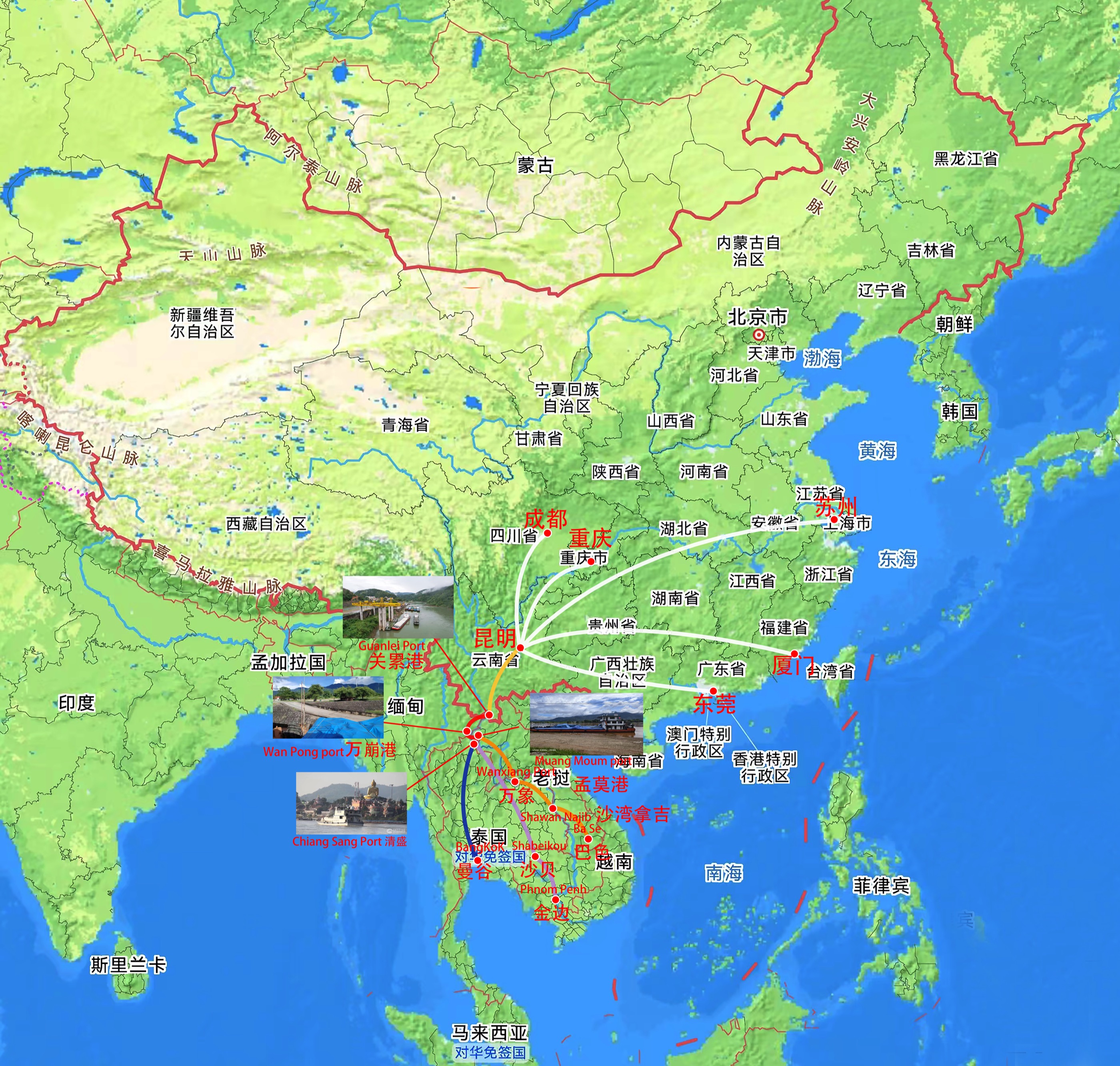 国内集运与湄公河沿线运输线路图